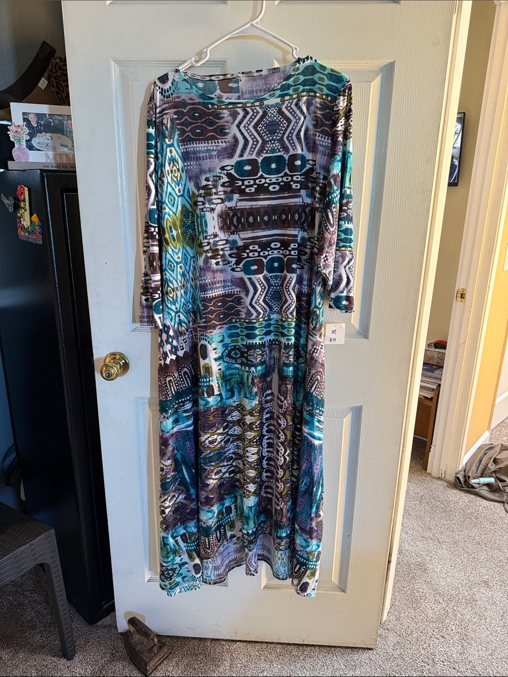 Boho Print Maxi Dress in Teal and Purple - Women's Long Sleeve